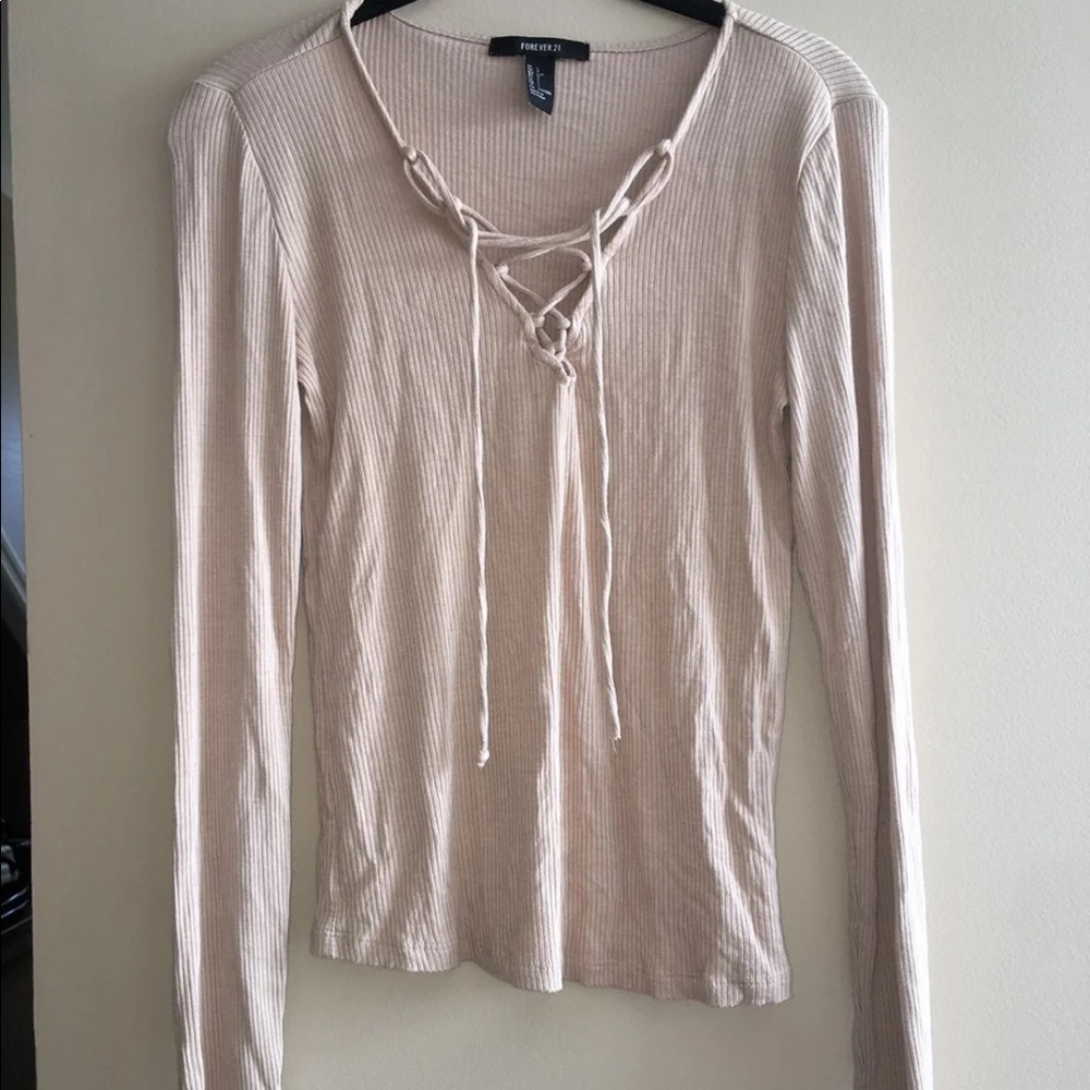 Ribbed Long Sleeve Lace Up Top